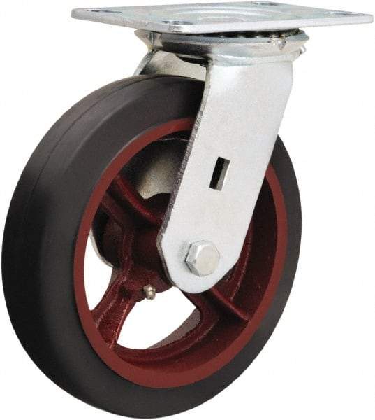 Hamilton - 8" Diam x 2" Wide x 9-1/2" OAH Top Plate Mount Swivel Caster - Rubber Mold on Cast Iron, 500 Lb Capacity, Straight Roller Bearing, 4-1/2 x 6-1/4" Plate - Exact Tool & Supply