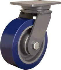 Hamilton - 8" Diam x 3" Wide x 10-1/2" OAH Top Plate Mount Swivel Caster - Polyurethane Mold onto Cast Iron Center, 3,500 Lb Capacity, Tapered Roller Bearing, 5-1/4 x 7-1/4" Plate - Exact Tool & Supply