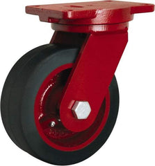 Hamilton - 8" Diam x 3" Wide x 10-1/2" OAH Top Plate Mount Swivel Caster - Rubber Mold on Cast Iron, 840 Lb Capacity, Straight Roller Bearing, 6-1/8 x 7-1/2" Plate - Exact Tool & Supply