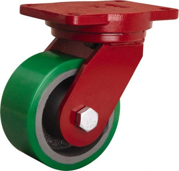 Hamilton - 6" Diam x 3" Wide x 8-1/2" OAH Top Plate Mount Swivel Caster - Polyurethane Mold onto Cast Iron Center, 2,200 Lb Capacity, Sealed Precision Ball Bearing, 6-1/8 x 7-1/2" Plate - Exact Tool & Supply