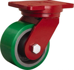 Hamilton - 6" Diam x 3" Wide x 8-1/2" OAH Top Plate Mount Swivel Caster - Polyurethane Mold onto Cast Iron Center, 2,200 Lb Capacity, Sealed Precision Ball Bearing, 6-1/8 x 7-1/2" Plate - Exact Tool & Supply