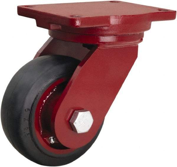 Hamilton - 6" Diam x 2-1/2" Wide x 8-1/2" OAH Top Plate Mount Swivel Caster - Rubber Mold on Cast Iron, 540 Lb Capacity, Precision Tapered Roller Bearing, 6-1/8 x 7-1/2" Plate - Exact Tool & Supply