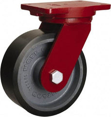 Hamilton - 8" Diam x 3" Wide x 10-1/2" OAH Top Plate Mount Swivel Caster - Polyurethane Mold onto Cast Iron Center, 3,250 Lb Capacity, Tapered Roller Bearing, 6-1/8 x 7-1/2" Plate - Exact Tool & Supply