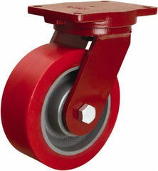 Hamilton - 8" Diam x 3" Wide x 10-1/2" OAH Top Plate Mount Swivel Caster - Polyurethane Mold onto Cast Iron Center, 4,400 Lb Capacity, Tapered Roller Bearing, 6-1/8 x 7-1/2" Plate - Exact Tool & Supply