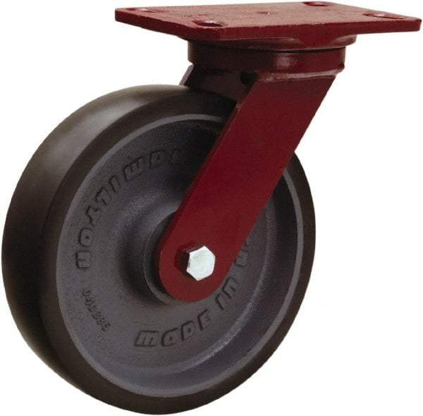 Hamilton - 8" Diam x 2" Wide x 9-3/4" OAH Top Plate Mount Swivel Caster - Polyurethane Mold onto Cast Iron Center, 1,950 Lb Capacity, Tapered Roller Bearing, 4-1/2 x 6-1/2" Plate - Exact Tool & Supply