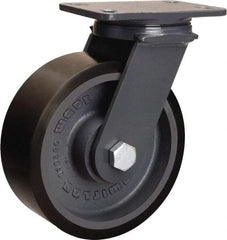 Hamilton - 8" Diam x 3" Wide x 10-1/4" OAH Top Plate Mount Swivel Caster - Polyurethane Mold onto Cast Iron Center, 2,400 Lb Capacity, Tapered Roller Bearing, 4-1/2 x 6-1/2" Plate - Exact Tool & Supply
