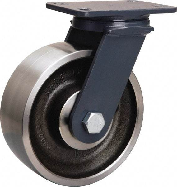 Hamilton - 8" Diam x 3" Wide x 10-1/4" OAH Top Plate Mount Swivel Caster - Forged Steel, 2,400 Lb Capacity, Sealed Precision Ball Bearing, 4-1/2 x 6-1/2" Plate - Exact Tool & Supply