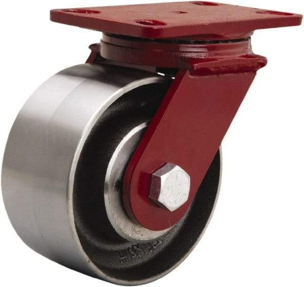 Hamilton - 6" Diam x 3" Wide x 7-1/2" OAH Top Plate Mount Swivel Caster - Forged Steel, 2,200 Lb Capacity, Sealed Precision Ball Bearing, 4-1/2 x 6-1/2" Plate - Exact Tool & Supply