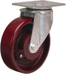 Hamilton - 5" Diam x 1-1/2" Wide x 6-3/8" OAH Top Plate Mount Swivel Caster - Cast Iron, 450 Lb Capacity, Straight Roller Bearing, 3-1/8 x 4-1/8" Plate - Exact Tool & Supply