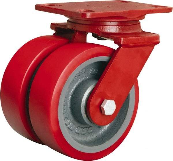 Hamilton - 6" Diam x 2" Wide x 7-3/4" OAH Top Plate Mount Dual Swivel Caster - Polyurethane Mold on Forged Steel, 2,500 Lb Capacity, Tapered Roller Bearing, 4-1/2 x 6-1/2" Plate - Exact Tool & Supply