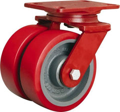Hamilton - 6" Diam x 2" Wide x 7-3/4" OAH Top Plate Mount Dual Swivel Caster - Polyurethane Mold on Forged Steel, 2,500 Lb Capacity, Tapered Roller Bearing, 4-1/2 x 6-1/2" Plate - Exact Tool & Supply