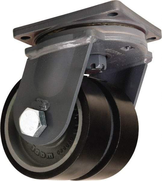 Hamilton - 10" Diam x 3" Wide x 13" OAH Top Plate Mount Dual Swivel Caster - Polyurethane Mold onto Cast Iron Center, 7,800 Lb Capacity, Tapered Roller Bearing, 8-1/2 x 8-1/2" Plate - Exact Tool & Supply