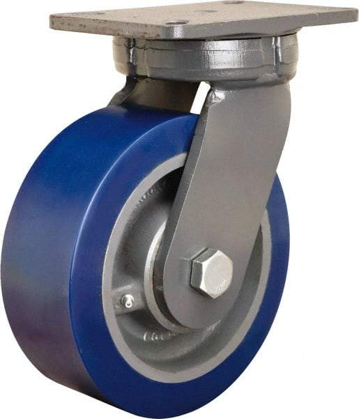 Hamilton - 8" Diam x 3" Wide x 10-1/2" OAH Top Plate Mount Swivel Caster - Polyurethane Mold on Forged Steel, 3,500 Lb Capacity, Tapered Roller Bearing, 5-1/4 x 7-1/4" Plate - Exact Tool & Supply