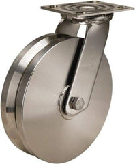 Hamilton - 8" Diam x 2" Wide, Stainless Steel Swivel Caster - 800 Lb Capacity, Top Plate Mount, 3-3/4" x 4-1/2" Plate, Delrin Bearing - Exact Tool & Supply