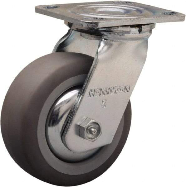 Hamilton - 5" Diam x 2" Wide x 6-1/2" OAH Top Plate Mount Swivel Caster - Rubber Mold on Polyolefin, 350 Lb Capacity, Straight Roller Bearing, 4 x 4-1/2" Plate - Exact Tool & Supply