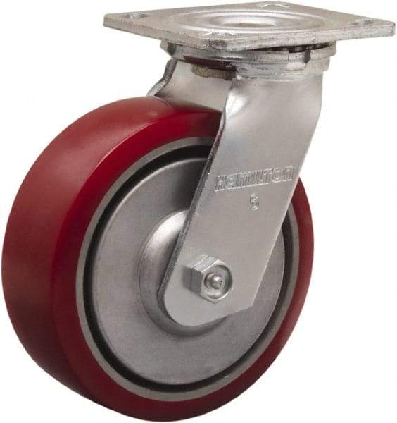 Hamilton - 6" Diam x 2" Wide x 7-1/2" OAH Top Plate Mount Swivel Caster - Polyurethane on Aluminum, 900 Lb Capacity, Straight Roller Bearing, 4 x 4-1/2" Plate - Exact Tool & Supply