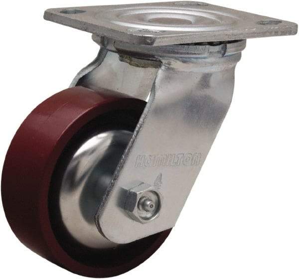 Hamilton - 4" Diam x 1-1/2" Wide x 5-5/8" OAH Top Plate Mount Swivel Caster - Cast Iron, 550 Lb Capacity, Straight Roller Bearing, 4 x 4-1/2" Plate - Exact Tool & Supply