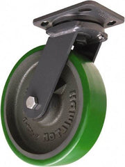 Hamilton - 8" Diam x 2" Wide x 9-1/2" OAH Top Plate Mount Swivel Caster - Polyurethane Mold onto Cast Iron Center, 1,500 Lb Capacity, Tapered Roller Bearing, 4 x 5" Plate - Exact Tool & Supply