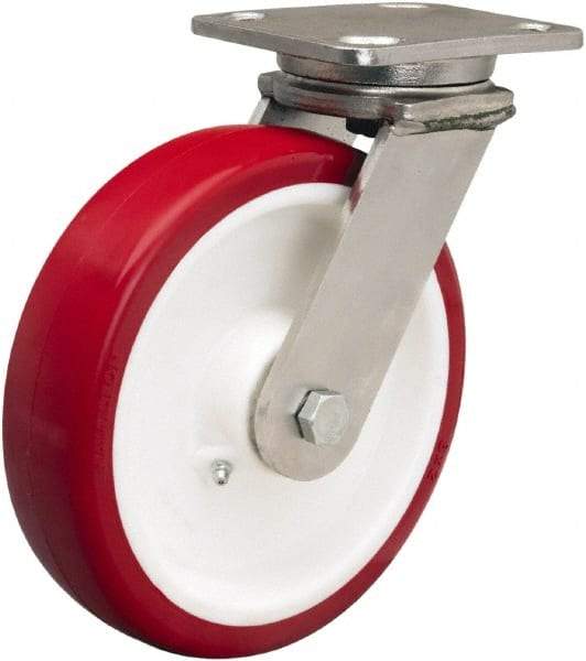 Hamilton - 8" Diam x 2" Wide x 9-1/2" OAH Top Plate Mount Swivel Caster - Polyurethane Mold on Polypropylene, 1,000 Lb Capacity, Delrin Bearing, 4 x 5" Plate - Exact Tool & Supply