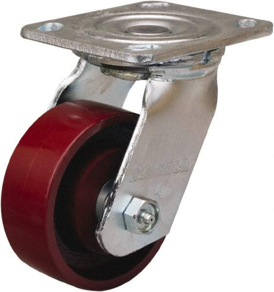 Hamilton - 4" Diam x 1-1/2" Wide x 5-5/8" OAH Top Plate Mount Swivel Caster - Cast Iron, 550 Lb Capacity, Straight Roller Bearing, 4 x 4-1/2" Plate - Exact Tool & Supply