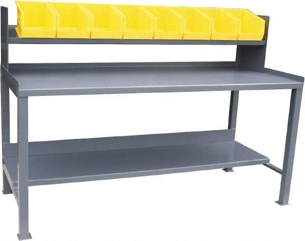 Jamco - 60 Wide x 30" Deep x 48" High, 12 Gauge Steel Heavy-Duty Workbench with Sloped Riser & Bins - 12 Gauge Steel Top, Fixed Legs, Gray - Exact Tool & Supply