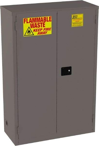 Jamco - 2 Door, 2 Shelf, Yellow Steel Double Wall Safety Cabinet for Flammable and Combustible Liquids - 65" High x 18" Wide x 43" Deep, Manual Closing Door, 3 Point Key Lock, 45 Gal Capacity - Exact Tool & Supply