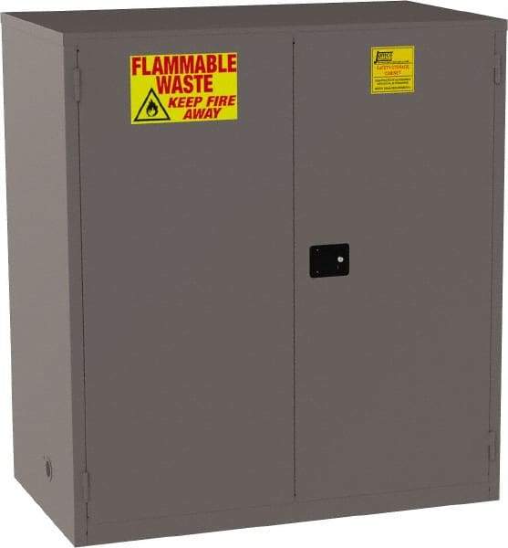 Jamco - 2 Door, 1 Shelf, Yellow Steel Double Wall Safety Cabinet for Flammable and Combustible Liquids - 65" High x 34" Wide x 59" Deep, Manual Closing Door, 3 Point Key Lock, 120 Gal Capacity - Exact Tool & Supply