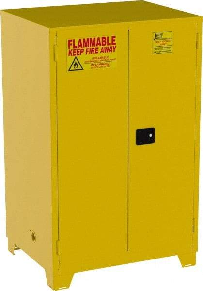 Jamco - 2 Door, 2 Shelf, Yellow Steel Double Wall Safety Cabinet for Flammable and Combustible Liquids - 70" High x 34" Wide x 43" Deep, Manual Closing Door, 3 Point Key Lock, 90 Gal Capacity - Exact Tool & Supply