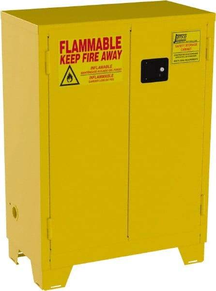 Jamco - 2 Door, 2 Shelf, Yellow Steel Double Wall Safety Cabinet for Flammable and Combustible Liquids - 49" High x 18" Wide x 34" Deep, Manual Closing Door, 3 Point Key Lock, 28 Gal Capacity - Exact Tool & Supply