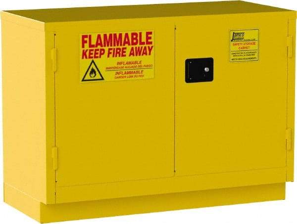 Jamco - 2 Door, 1 Shelf, Yellow Steel Double Wall Safety Cabinet for Flammable and Combustible Liquids - 35" High x 22" Wide x 48" Deep, Manual Closing Door, 3 Point Key Lock, 30 Gal Capacity - Exact Tool & Supply