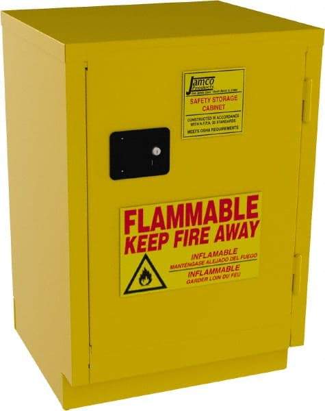 Jamco - 1 Door, 1 Shelf, Yellow Steel Double Wall Safety Cabinet for Flammable and Combustible Liquids - 35" High x 22" Wide x 24" Deep, Manual Closing Door, 3 Point Key Lock, 12 Gal Capacity - Exact Tool & Supply