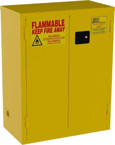 Jamco - 2 Door, 2 Shelf, Yellow Steel Double Wall Safety Cabinet for Flammable and Combustible Liquids - 44" High x 18" Wide x 34" Deep, Self Closing Door, 3 Point Key Lock, 28 Gal Capacity - Exact Tool & Supply