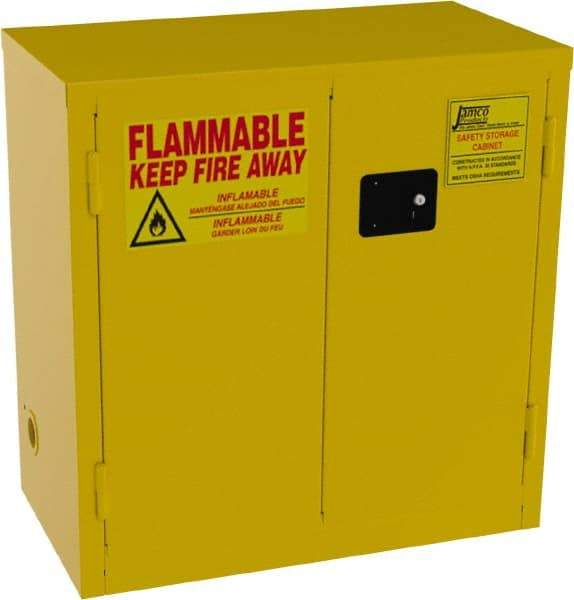 Jamco - 2 Door, 1 Shelf, Yellow Steel Double Wall Safety Cabinet for Flammable and Combustible Liquids - 35" High x 18" Wide x 34" Deep, Self Closing Door, 3 Point Key Lock, 22 Gal Capacity - Exact Tool & Supply