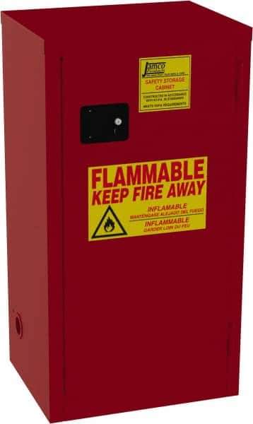 Jamco - 1 Door, 3 Shelf, Red Steel Double Wall Safety Cabinet for Flammable and Combustible Liquids - 35" High x 18" Wide x 23" Deep, Self Closing Door, 3 Point Key Lock, 24 Gal Capacity - Exact Tool & Supply