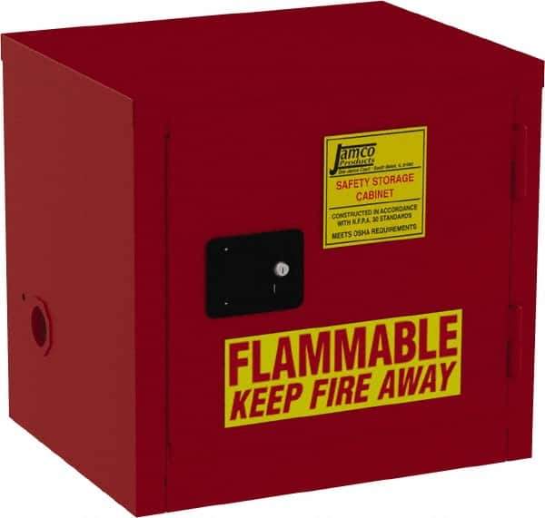 Jamco - 1 Door, 1 Shelf, Red Steel Double Wall Safety Cabinet for Flammable and Combustible Liquids - 22" High x 18" Wide x 23" Deep, Self Closing Door, 3 Point Key Lock, 12 Gal Capacity - Exact Tool & Supply
