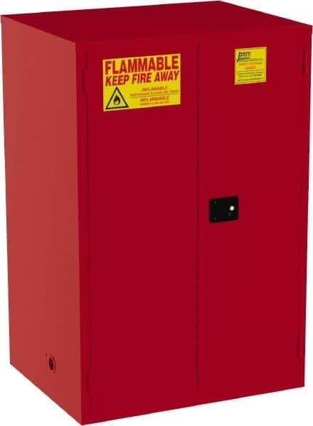 Jamco - 2 Door, 5 Shelf, Red Steel Double Wall Safety Cabinet for Flammable and Combustible Liquids - 65" High x 34" Wide x 43" Deep, Self Closing Door, 3 Point Key Lock, 120 Gal Capacity - Exact Tool & Supply