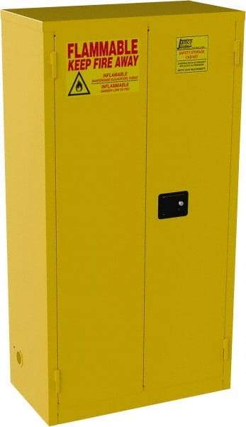 Jamco - 2 Door, 3 Shelf, Yellow Steel Double Wall Safety Cabinet for Flammable and Combustible Liquids - 65" High x 18" Wide x 34" Deep, Manual Closing Door, 3 Point Key Lock, 44 Gal Capacity - Exact Tool & Supply