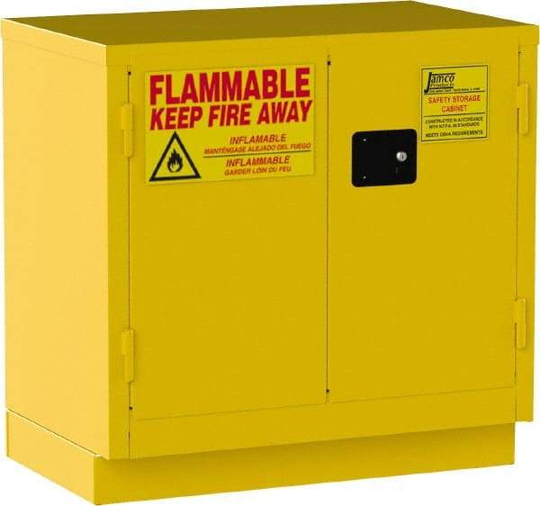 Jamco - 2 Door, 1 Shelf, Yellow Steel Double Wall Safety Cabinet for Flammable and Combustible Liquids - 35" High x 22" Wide x 36" Deep, Self Closing Door, 3 Point Key Lock, 22 Gal Capacity - Exact Tool & Supply