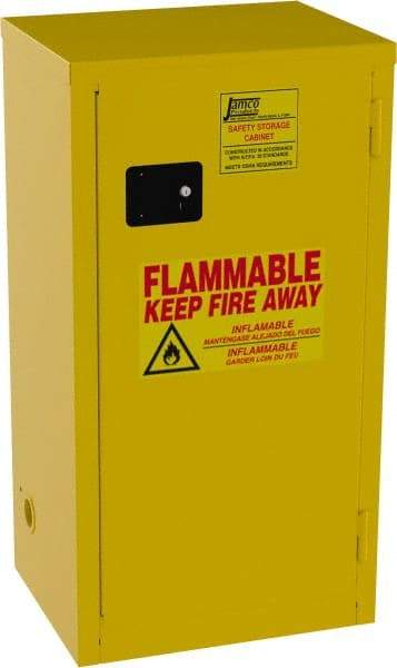 Jamco - 1 Door, 2 Shelf, Yellow Steel Double Wall Safety Cabinet for Flammable and Combustible Liquids - 44" High x 23" Wide x 18" Deep, Self Closing Door, 3 Point Key Lock, 18 Gal Capacity - Exact Tool & Supply