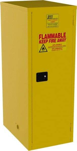 Jamco - 1 Door, 3 Shelf, Yellow Steel Double Wall Safety Cabinet for Flammable and Combustible Liquids - 65" High x 34" Wide x 23" Deep, Manual Closing Door, 3 Point Key Lock, 60 Gal Capacity - Exact Tool & Supply
