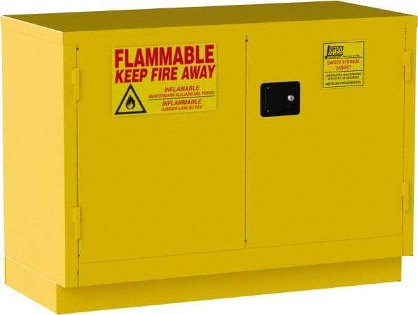 Jamco - 2 Door, 1 Shelf, Yellow Steel Double Wall Safety Cabinet for Flammable and Combustible Liquids - 35" High x 22" Wide x 48" Deep, Self Closing Door, 3 Point Key Lock, 30 Gal Capacity - Exact Tool & Supply