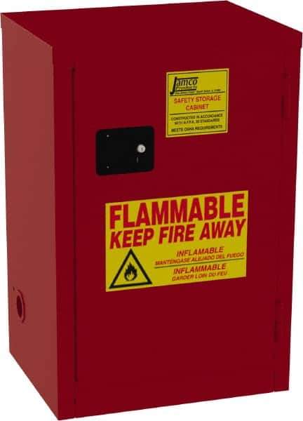 Jamco - 1 Door, 2 Shelf, Red Steel Double Wall Safety Cabinet for Flammable and Combustible Liquids - 35" High x 18" Wide x 23" Deep, Self Closing Door, 3 Point Key Lock, 18 Gal Capacity - Exact Tool & Supply
