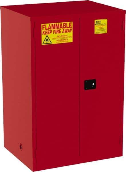 Jamco - 2 Door, 5 Shelf, Red Steel Double Wall Safety Cabinet for Flammable and Combustible Liquids - 65" High x 34" Wide x 43" Deep, Manual Closing Door, 3 Point Key Lock, 120 Gal Capacity - Exact Tool & Supply