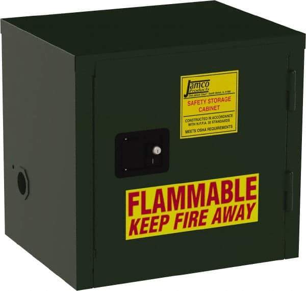 Jamco - 1 Door, Green Steel Double Wall Safety Cabinet for Flammable and Combustible Liquids - 22" High x 18" Wide x 23" Deep, Manual Closing Door, 3 Point Key Lock, 6 Gal Capacity - Exact Tool & Supply
