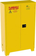 Jamco - 2 Door, 2 Shelf, Yellow Steel Double Wall Safety Cabinet for Flammable and Combustible Liquids - 70" High x 43" Wide x 18" Deep, Manual Closing Door, 3 Point Key Lock, 45 Gal Capacity - Exact Tool & Supply