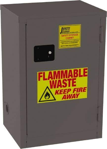 Jamco - 1 Door, 1 Shelf, Yellow Steel Double Wall Safety Cabinet for Flammable and Combustible Liquids - 35" High x 18" Wide x 23" Deep, Manual Closing Door, 3 Point Key Lock, 12 Gal Capacity - Exact Tool & Supply