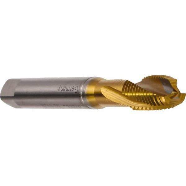 Emuge - M3x0.50 Metric 3 Flute 6H Modified Bottoming Spiral Flute Tap - Cobalt, TiN Finish, 56mm OAL, Right Hand Flute, Right Hand Thread, Series Rekord DF - Exact Tool & Supply