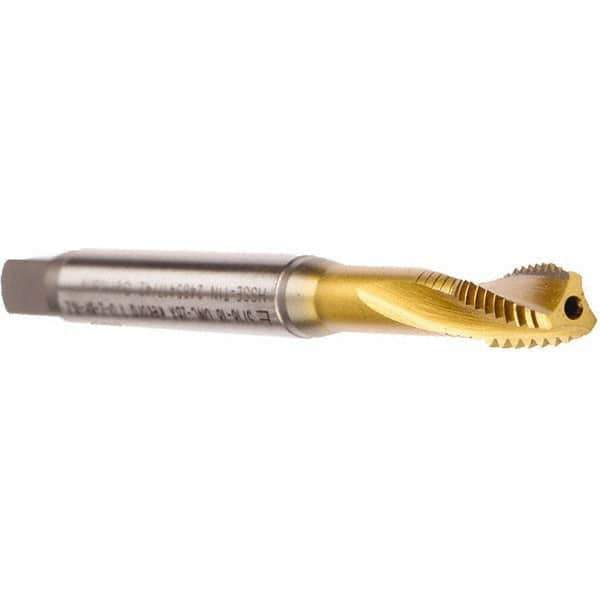 Emuge - M10x1.25 Metric Fine 3 Flute 6HX Modified Bottoming Spiral Flute Tap - Cobalt, TiN Finish, 100mm OAL, Right Hand Flute, Right Hand Thread, Series Rekord D - Exact Tool & Supply