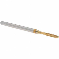 Guhring - M2x0.40 Metric Fine, TiN Finish, Powdered Metal Spiral Point Tap - Plug Chamfer, Right Hand Thread, 45mm OAL, 8mm Thread Length, 2.8mm Shank Diam, 6H Class of Fit, Series 5736 - Exact Tool & Supply