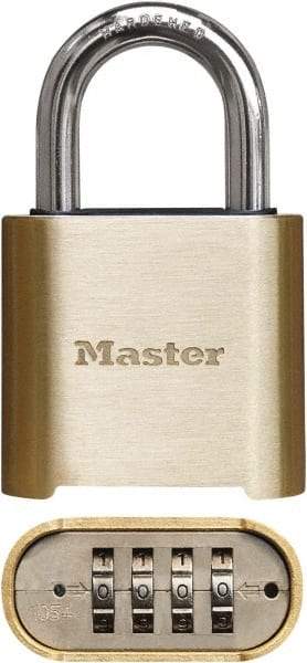 Master Lock - 2" Body Width x 3" Body Height, 1" Shackle Clearance, Brass Finish Combination Lock - 5/16" Shackle Diam, 1" Shackle Width, Set Your Own 4 Digit Combination - Exact Tool & Supply